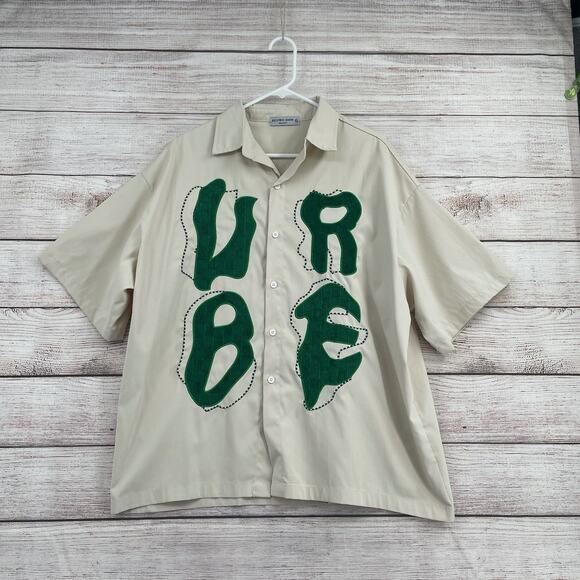 Aelfric Eden Shirt Mens XL Beige Green Short Sleeve Button Up Embroidered URBE - Picture 1 of 12